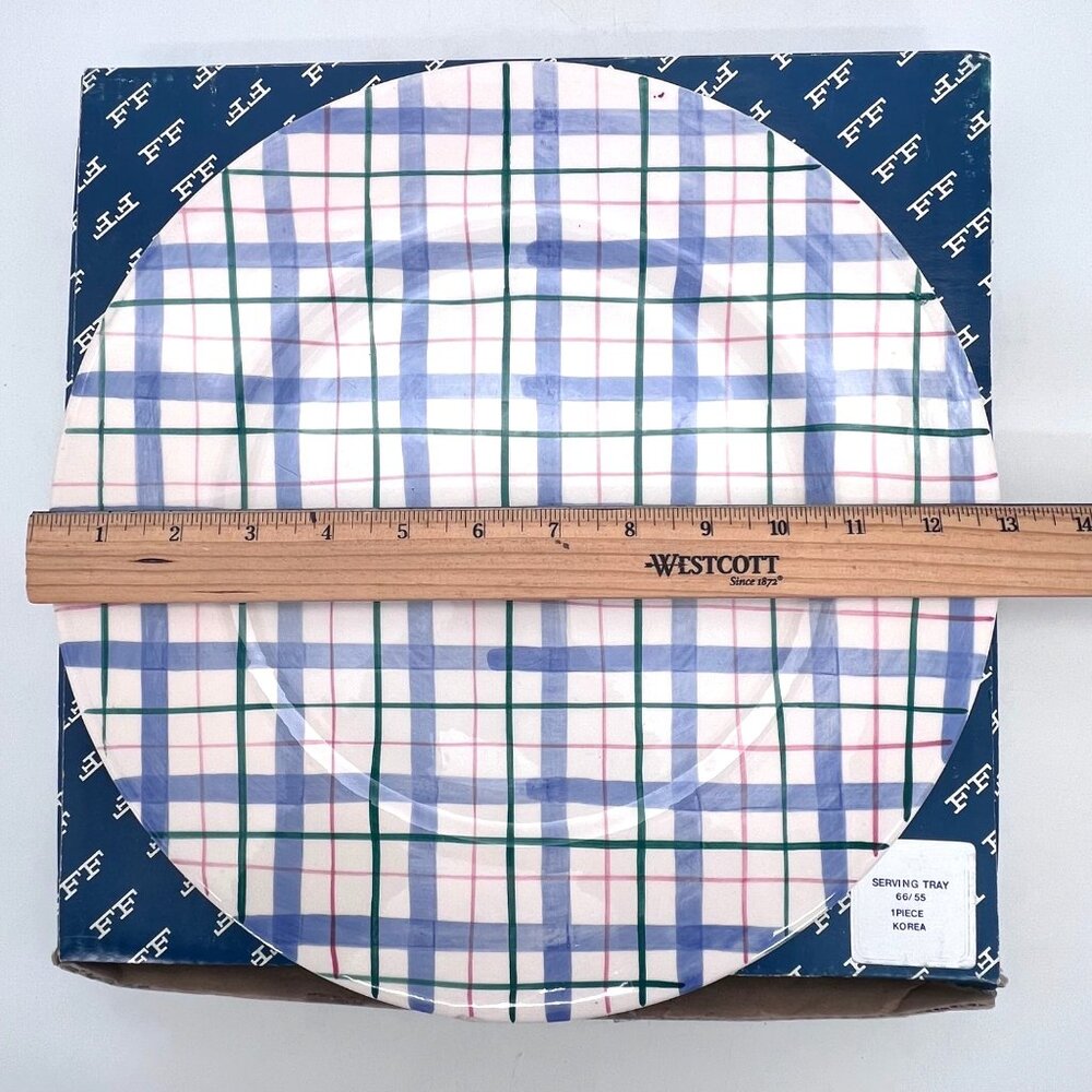 Fitz & Floyd Vintage 1991 Ceramic Plaid Serving Tray Round 13" Bloomers Check - Picture 3 of 12